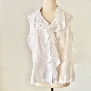 JONES NY White Cotton Poplin Sleeveless Button Down Eyelet Ruffle Women's Medium